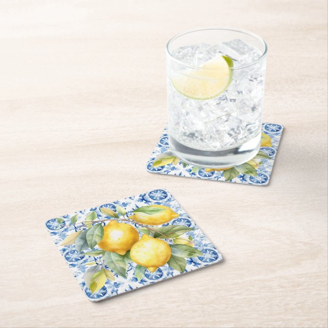 Dessous De Verre Carré Carrelage et citrons d'aquarelle italien bleu et b (En situation)
