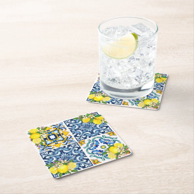 Dessous De Verre Carré Carrelage méditerranéen clair Sicilien Citrus Lemo (En situation)