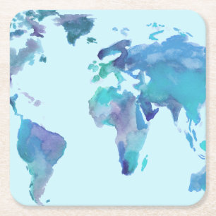 Dessous De Verre Carré Carte bleue du monde d'aquarelle