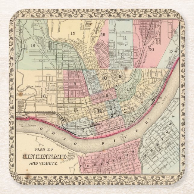 Dessous De Verre Carré Carte de Cincinnati par Mitchell (Devant)