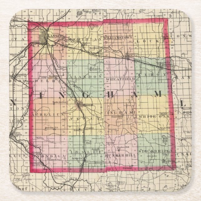 Dessous De Verre Carré Carte du comté d'Ingham, Michigan (Devant)