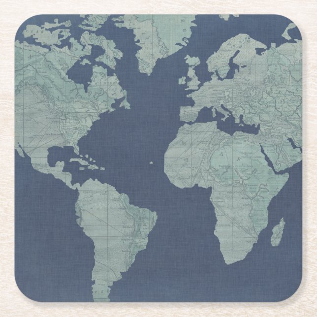 Dessous De Verre Carré Carte du monde du lin bleu (Devant)