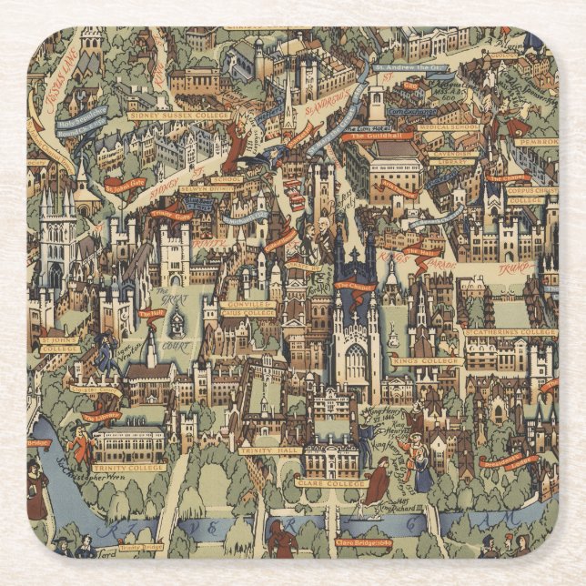 Dessous De Verre Carré Carte imagée de Cambridge, Angleterre (Devant)