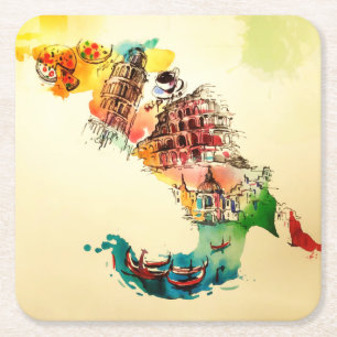 Dessous De Verre Carré Carte Italie vintage City Travel Love Aquarelle