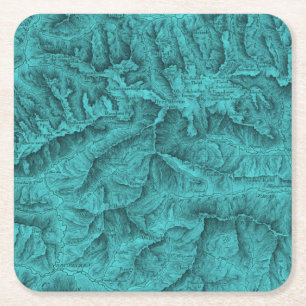 Dessous De Verre Carré Carte topographique des montagnes Bleu