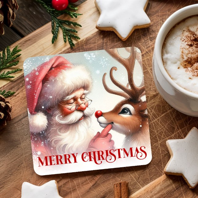 Dessous De Verre Carré Cartoon Style Cute Santa and Rudolph Paper Coaster (Cartoon Style Cute Santa and Rudolph Paper Coasters)