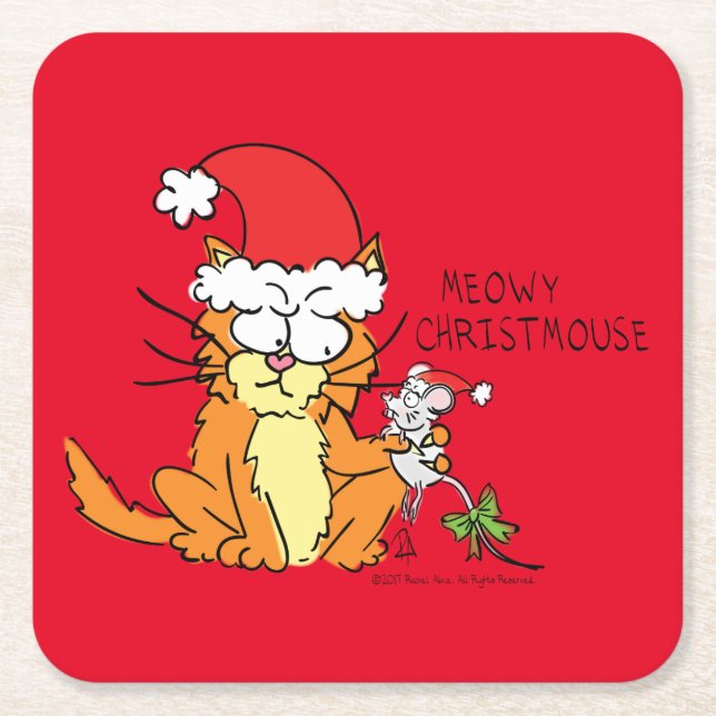 Dessous De Verre Carré Cat Christmas Drôle Cartoon Mouse mignonne (Devant)