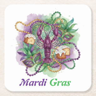 Dessous De Verre Carré Célébration de Mardi Gras à l'aquarelle 