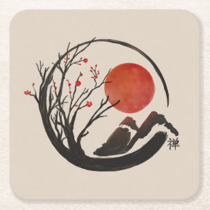 Dessous De Verre Carré Cercle Zen Enso et Sakura Tree