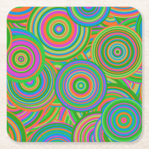 Dessous De Verre Carré Cercles abstraits rétro mod, vert et rouge orange