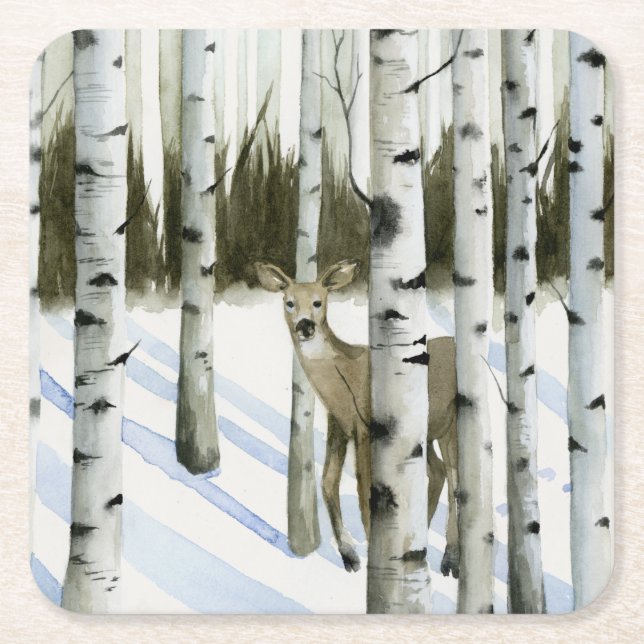 Dessous De Verre Carré Cerf en chute de neige (Devant)
