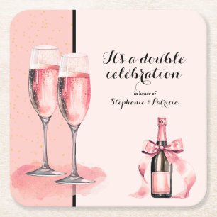 Dessous De Verre Carré C'est une double fête Champagne Rose Anniversaire