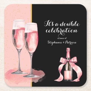 Dessous De Verre Carré C'est une double fête Champagne Rose Anniversaire