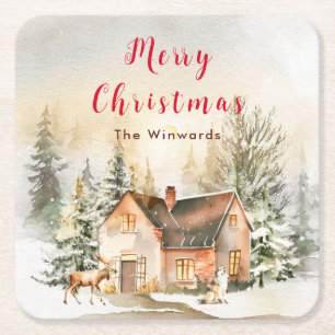 Dessous De Verre Carré Chalet de vacances d'hiver Joyeux Noël