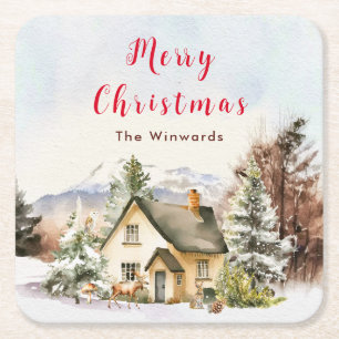 Dessous De Verre Carré Chalet de vacances d'hiver Joyeux Noël