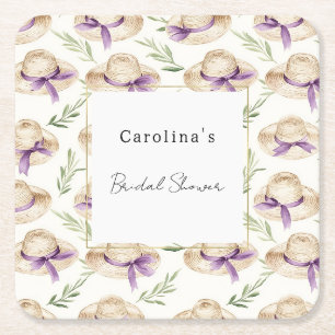 Dessous De Verre Carré Chapeaux Crème Rubans Violets Baby Shower