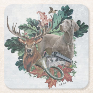 Dessous De Verre Carré Chasse avec un Weimaraner, "Grey Ghost"