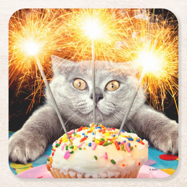 Dessous De Verre Carré Chat Avec Cupcake Sparkler (Devant)