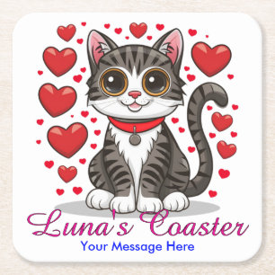 Dessous De Verre Carré Chat avec symboles d'amour Clipart-85245