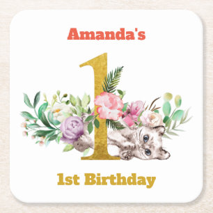 Dessous De Verre Carré Chat bébé et fleurs 1er anniversaire