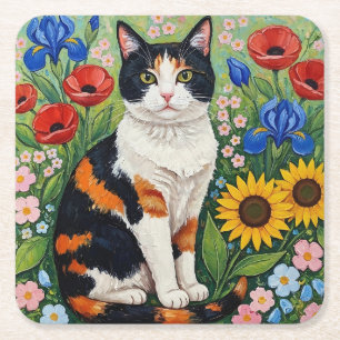 Dessous De Verre Carré Chat calicot et tournesols d'art populaire