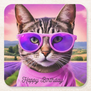 Dessous De Verre Carré Chat d'anniversaire dans un champ de lavande