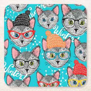 Dessous De Verre Carré Chat dans le casquette
