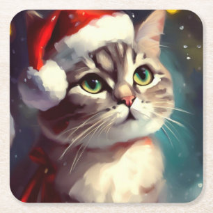 Dessous De Verre Carré Chat de Noël 2