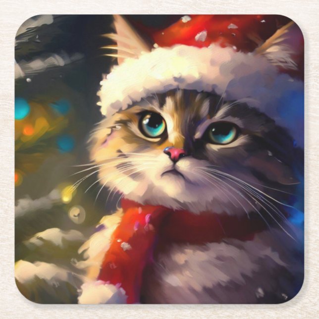 Dessous De Verre Carré Chat de Noël 5 (Devant)