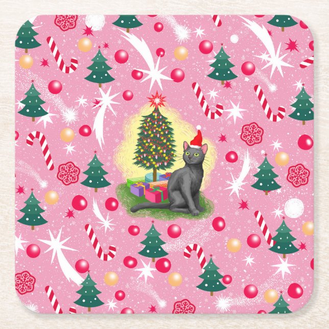 Dessous De Verre Carré Chat de Noël rose (Devant)