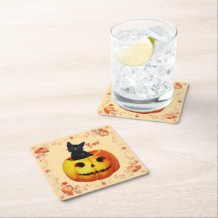 Dessous De Verre Carré Chat d'Halloween en Coussin Citrouille