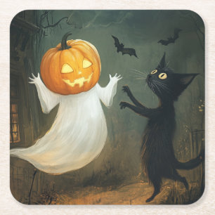 Dessous De Verre Carré Chat d'Halloween et fantôme
