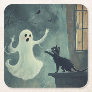 Dessous De Verre Carré Chat d'Halloween et fantôme