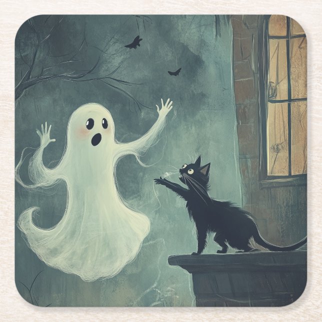 Dessous De Verre Carré Chat d'Halloween et fantôme (Devant)