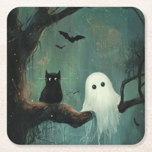 Dessous De Verre Carré Chat d'Halloween et fantôme