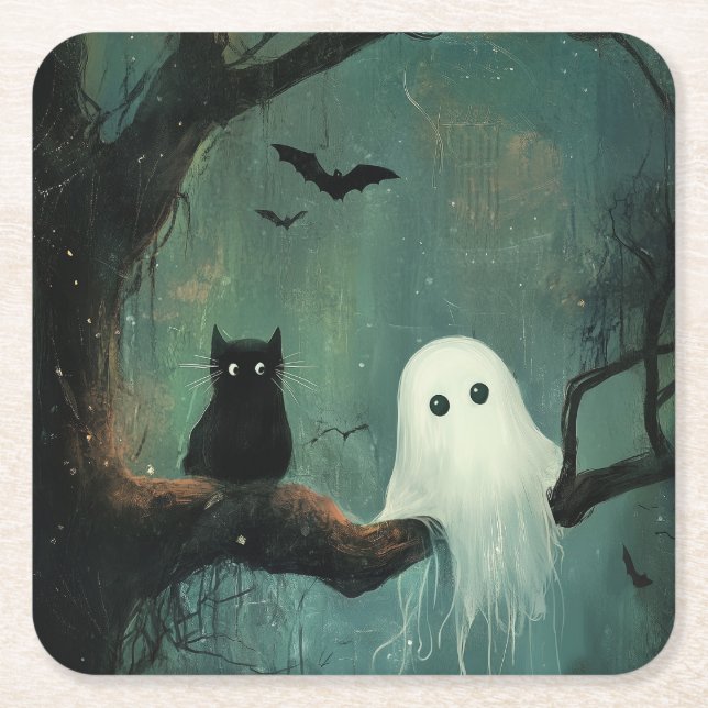 Dessous De Verre Carré Chat d'Halloween et fantôme (Devant)
