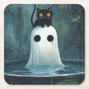 Dessous De Verre Carré Chat d'Halloween et fantôme dans la piscine