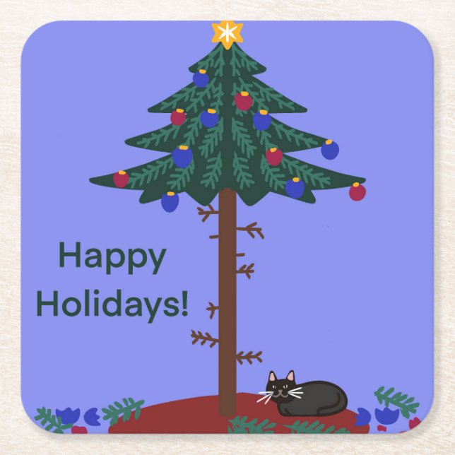 Dessous De Verre Carré Chat drôle avec arbre de Noël (Devant)