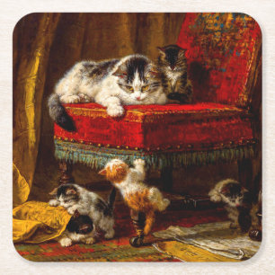 Dessous De Verre Carré Chat et chatons Jouer avec chaise