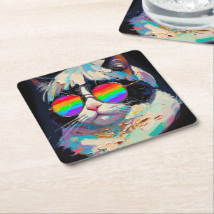 Dessous De Verre Carré Chat Gras Cool (Peinture #1 / Noir)