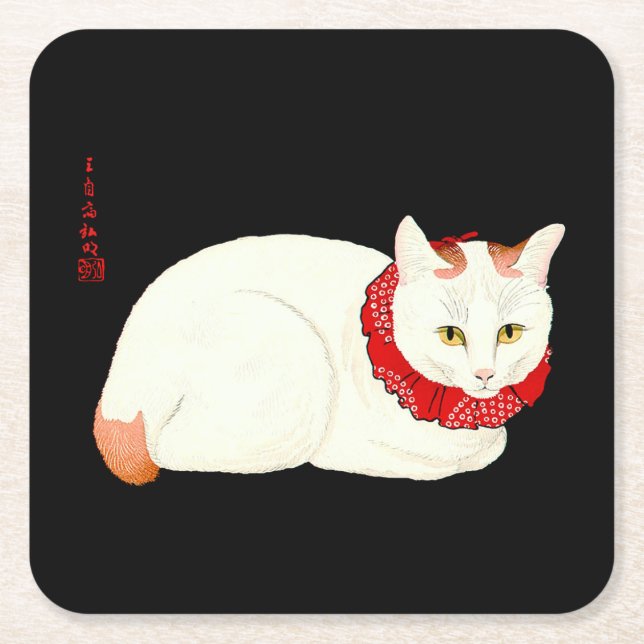 Dessous De Verre Carré Chat japonais blanc et gingembre (Devant)