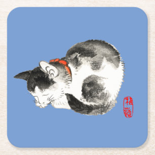 Dessous De Verre Carré Chat japonais couché noir et blanc