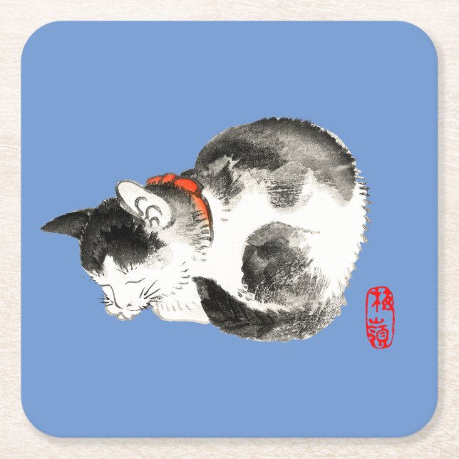 Dessous De Verre Carré Chat japonais couché noir et blanc (Devant)