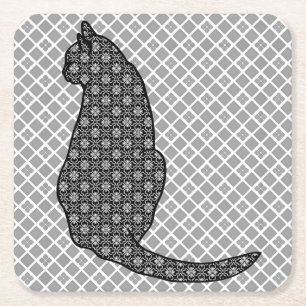 Dessous De Verre Carré Chat japonais - Kimono noir et blanc