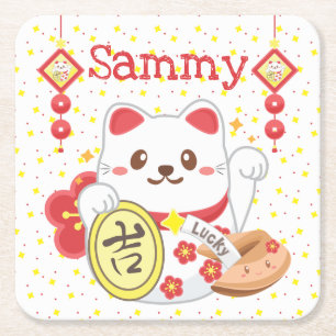 Dessous De Verre Carré Chat Kawaii Oriental Lucky