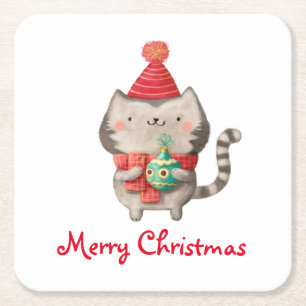 Dessous De Verre Carré Chat mignon de Noël