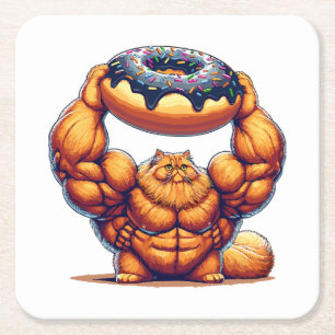 Dessous De Verre Carré Chat Musclé qui Soulève un Beignet