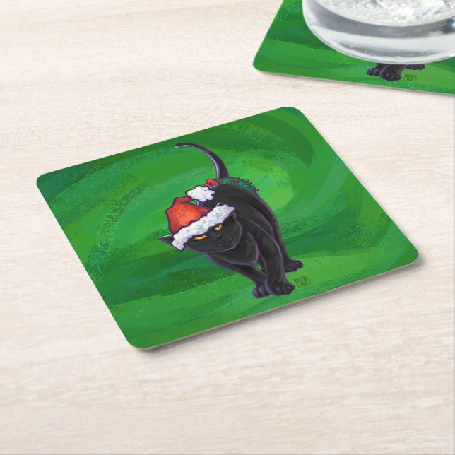 Dessous De Verre Carré Chat noir de Noël en vert (Incliné)