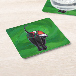 Dessous De Verre Carré Chat noir de Noël en vert