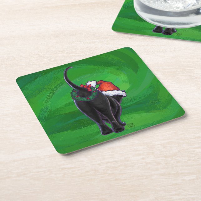 Dessous De Verre Carré Chat noir de Noël en vert (Incliné)